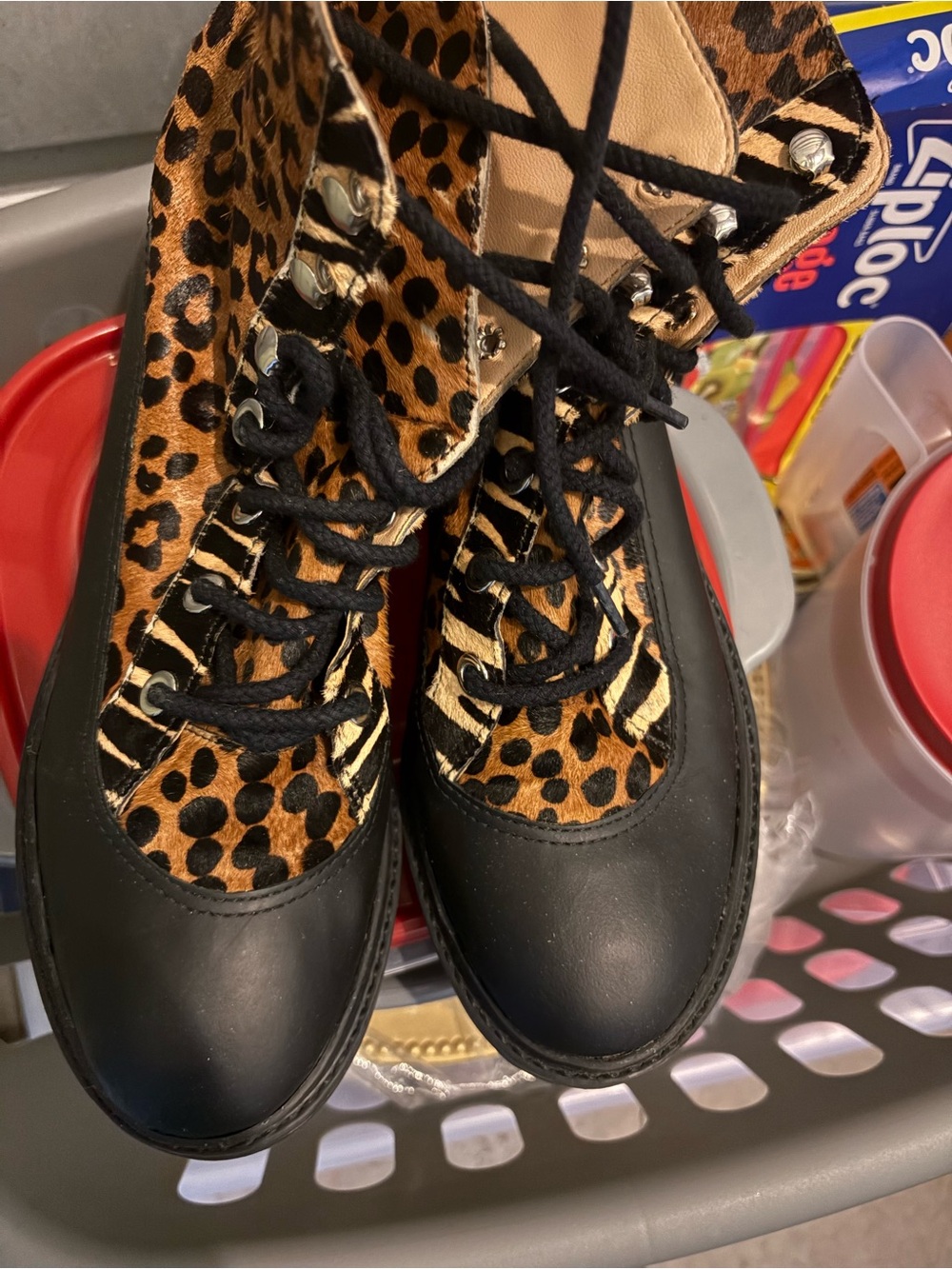 SCHUTZ Leopard-Print Lace-Up Ankle Boots in Black and Brown worn once